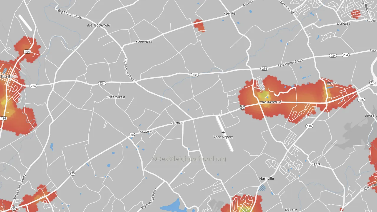 Walk Grade map of 17364, PA, walkable areas in green and car-dependent areas in red