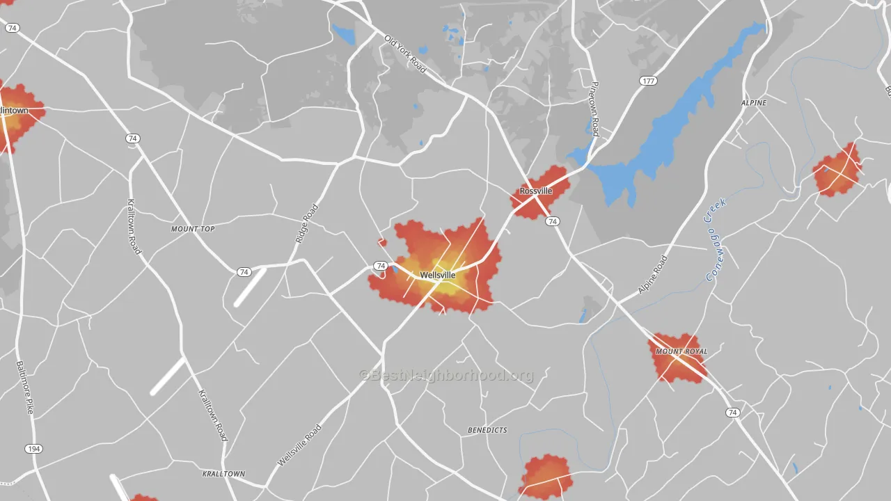 Walk Grade map of 17365, PA, walkable areas in green and car-dependent areas in red