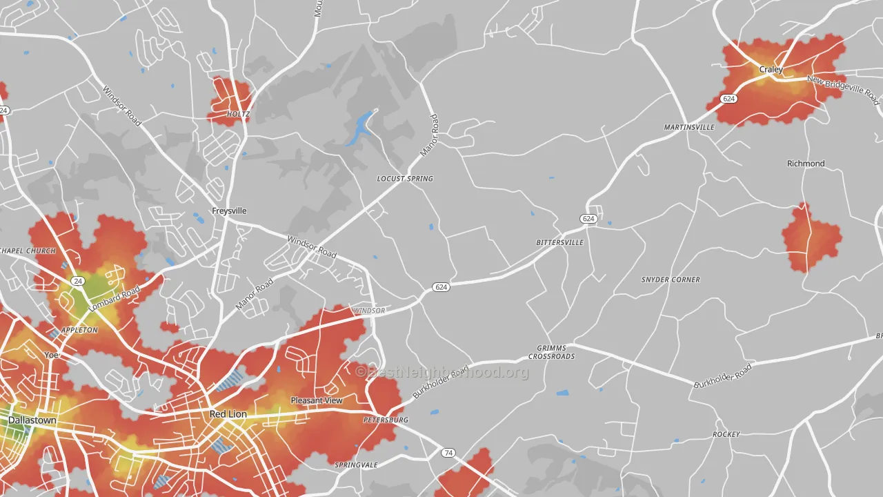 Walk Grade map of 17366, PA, walkable areas in green and car-dependent areas in red