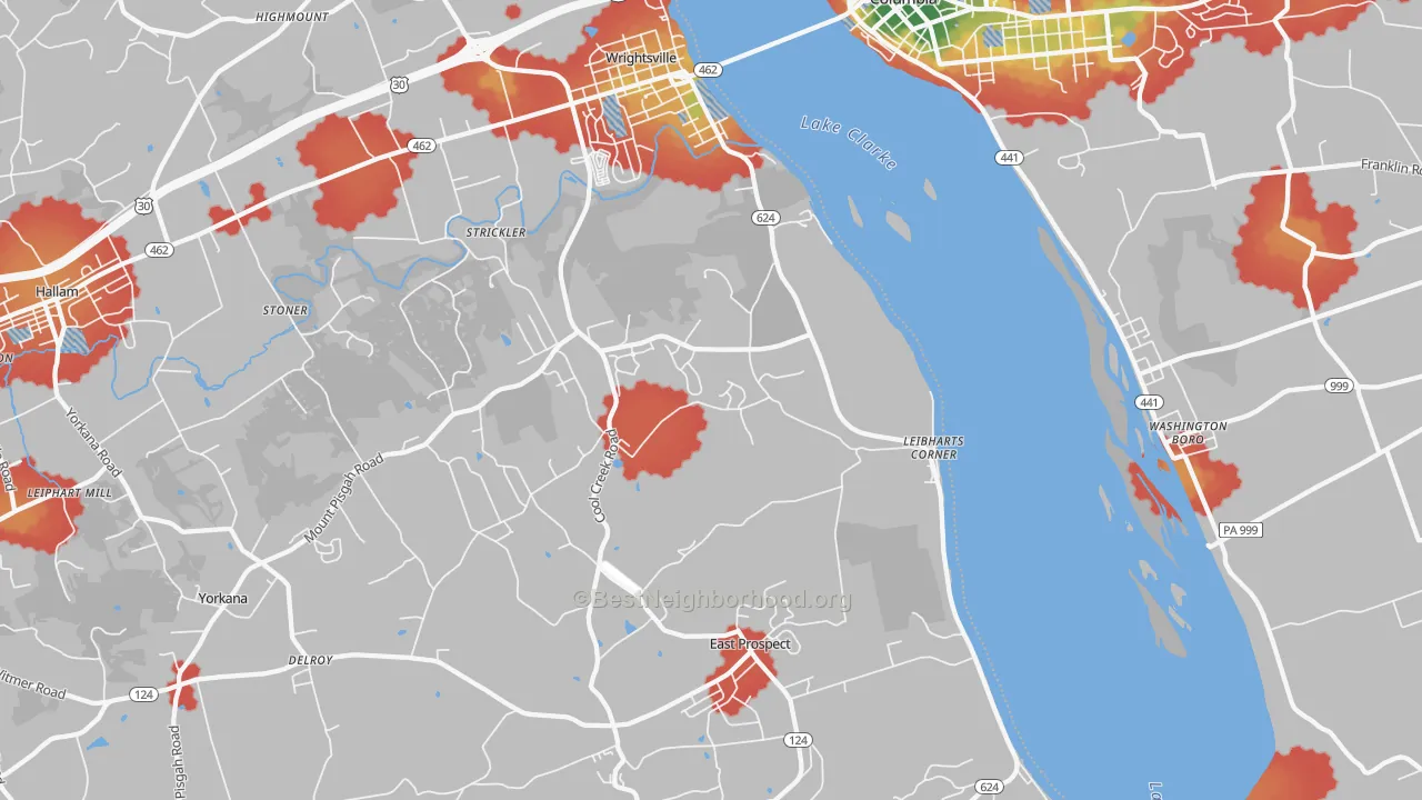 Walk Grade map of 17368, PA, walkable areas in green and car-dependent areas in red