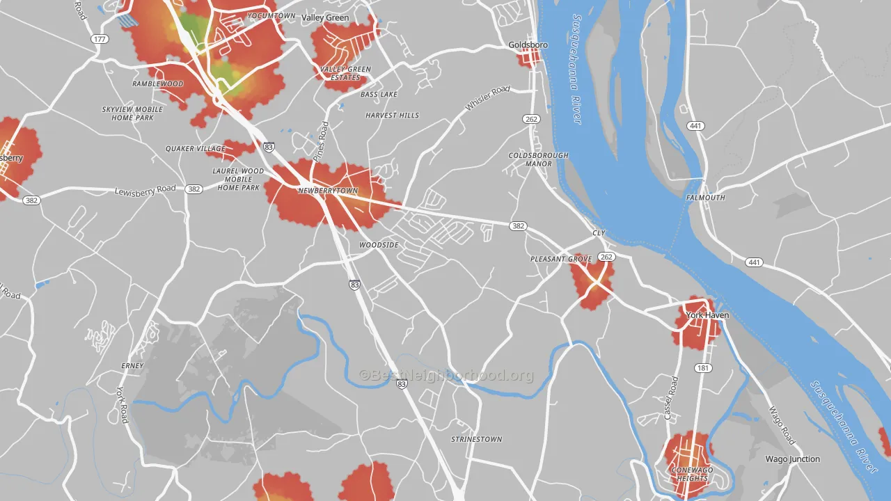 Walk Grade map of 17370, PA, walkable areas in green and car-dependent areas in red
