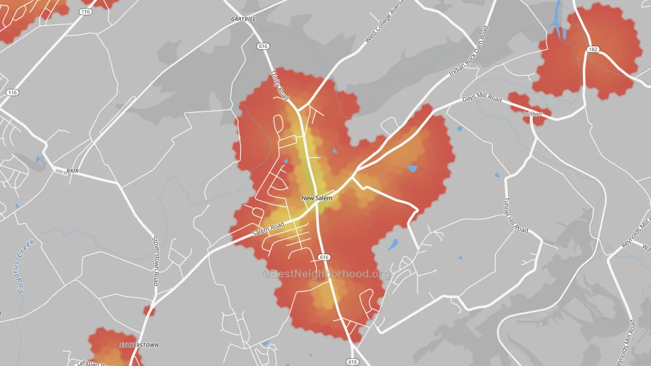 Walk Grade map of 17371, PA, walkable areas in green and car-dependent areas in red