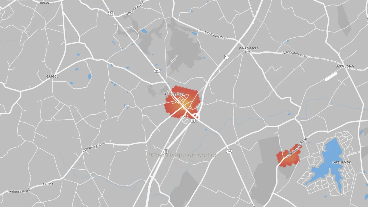 Walk Grade map of 17372, PA, walkable areas in green and car-dependent areas in red