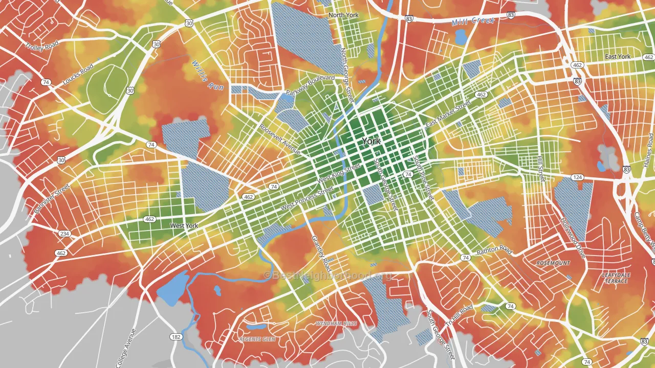 Walk Grade map of 17401, PA, walkable areas in green and car-dependent areas in red
