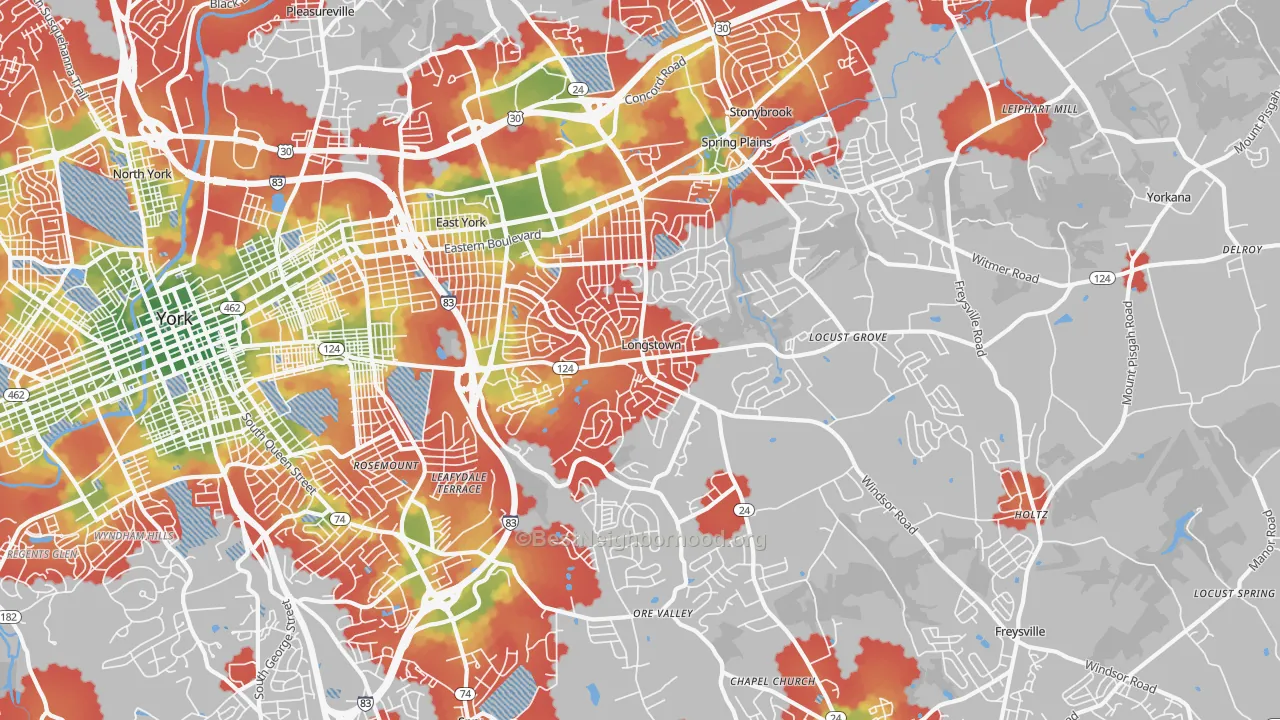 Walk Grade map of 17402, PA, walkable areas in green and car-dependent areas in red