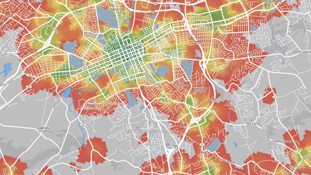 Walk Grade map of 17403, PA, walkable areas in green and car-dependent areas in red