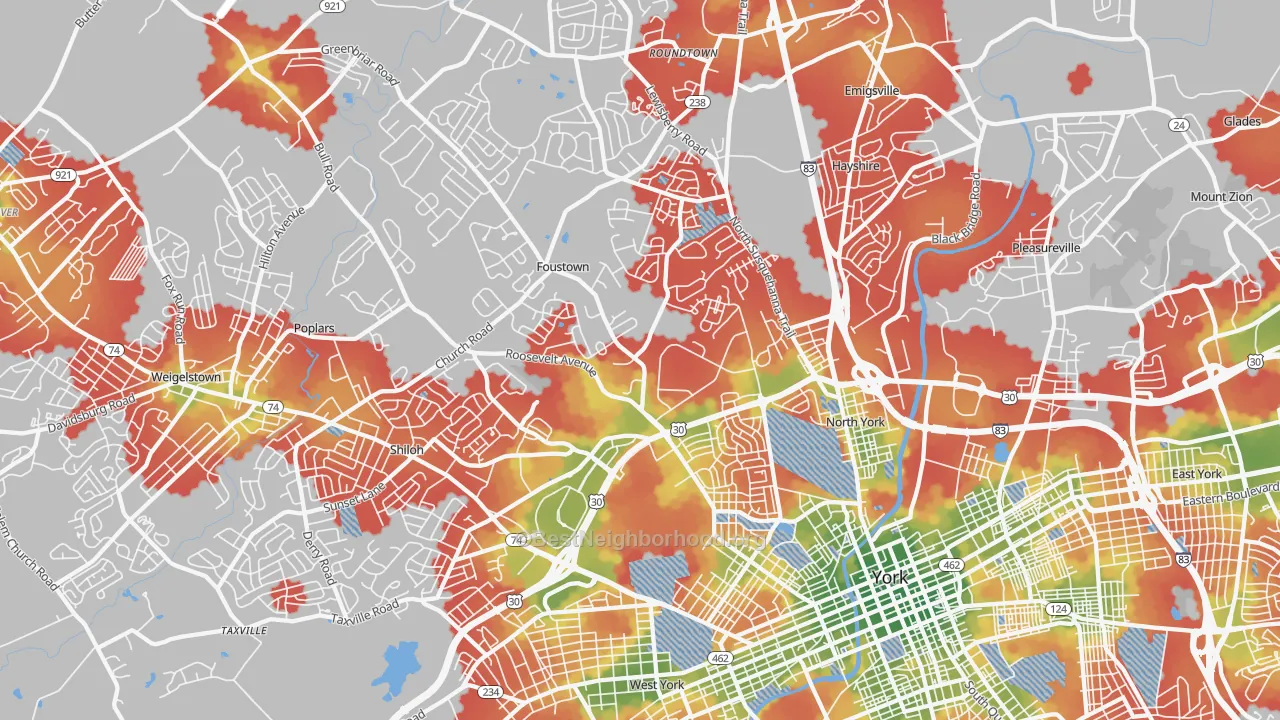 Walk Grade map of 17404, PA, walkable areas in green and car-dependent areas in red