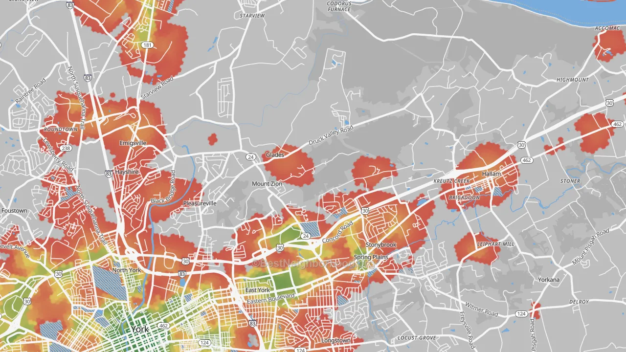 Walk Grade map of 17406, PA, walkable areas in green and car-dependent areas in red