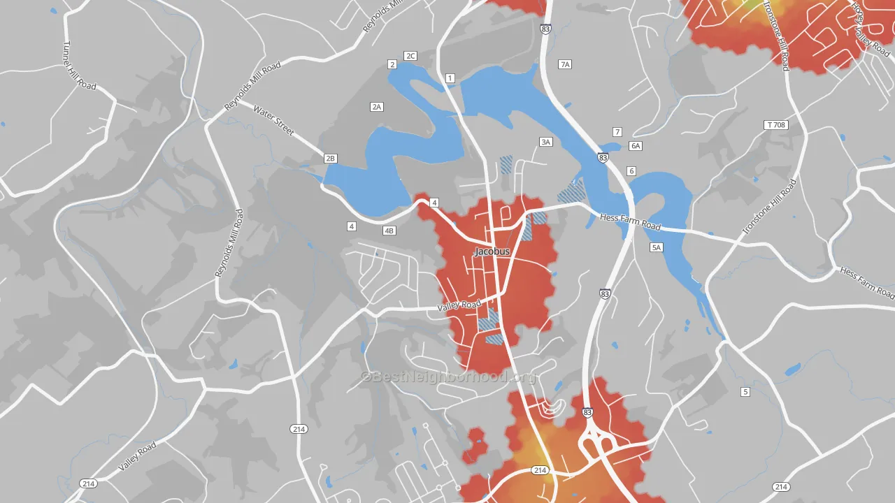Walk Grade map of 17407, PA, walkable areas in green and car-dependent areas in red