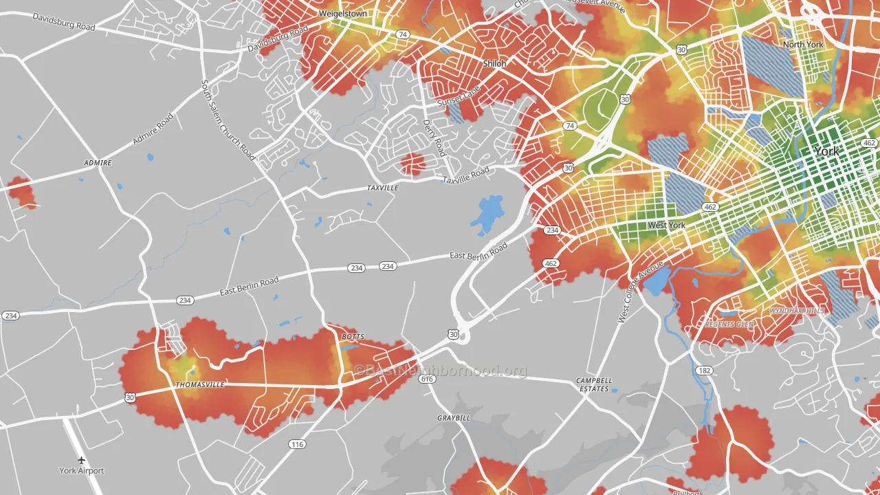 Walk Grade map of 17408, PA, walkable areas in green and car-dependent areas in red