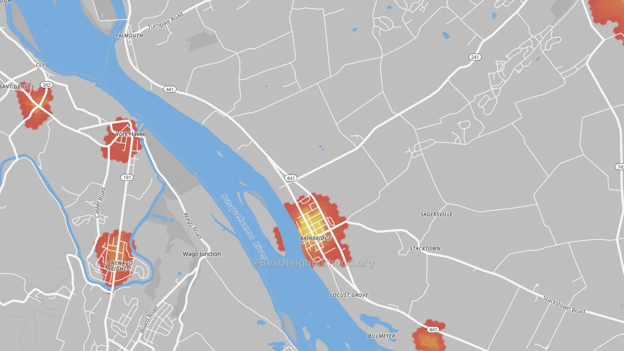 Walk Grade map of 17502, PA, walkable areas in green and car-dependent areas in red