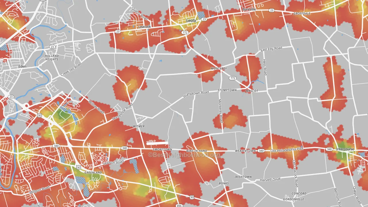 Walk Grade map of 17505, PA, walkable areas in green and car-dependent areas in red