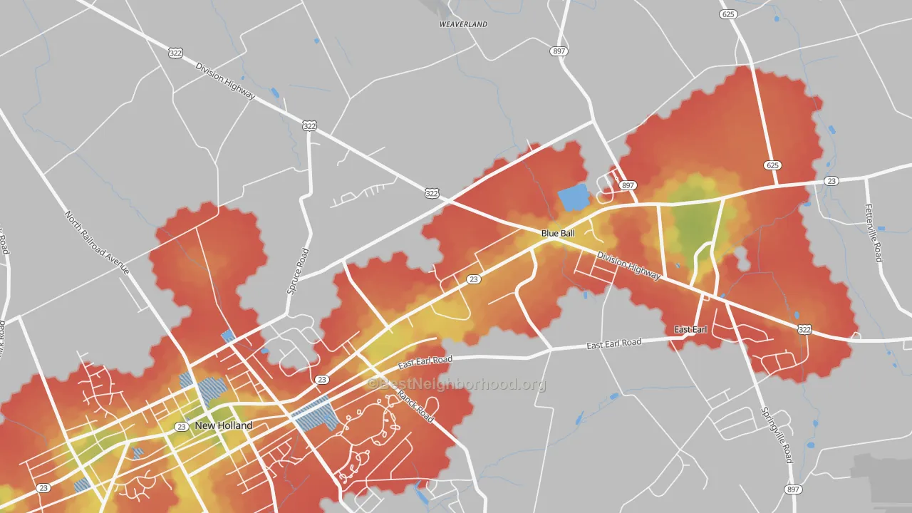 Walk Grade map of 17506, PA, walkable areas in green and car-dependent areas in red