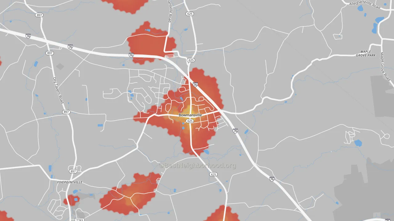 Walk Grade map of 17507, PA, walkable areas in green and car-dependent areas in red