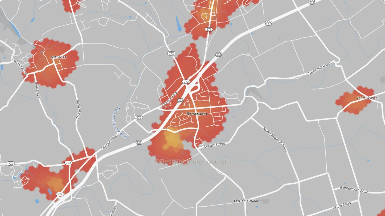 Walk Grade map of 17508, PA, walkable areas in green and car-dependent areas in red