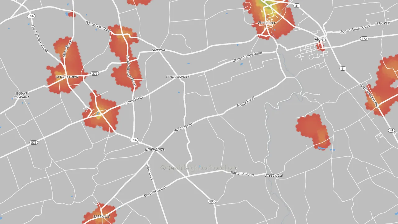 Walk Grade map of 17509, PA, walkable areas in green and car-dependent areas in red