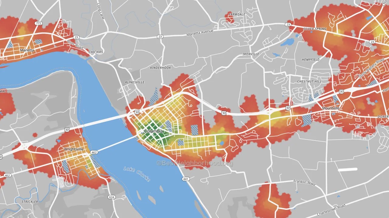 Walk Grade map of 17512, PA, walkable areas in green and car-dependent areas in red