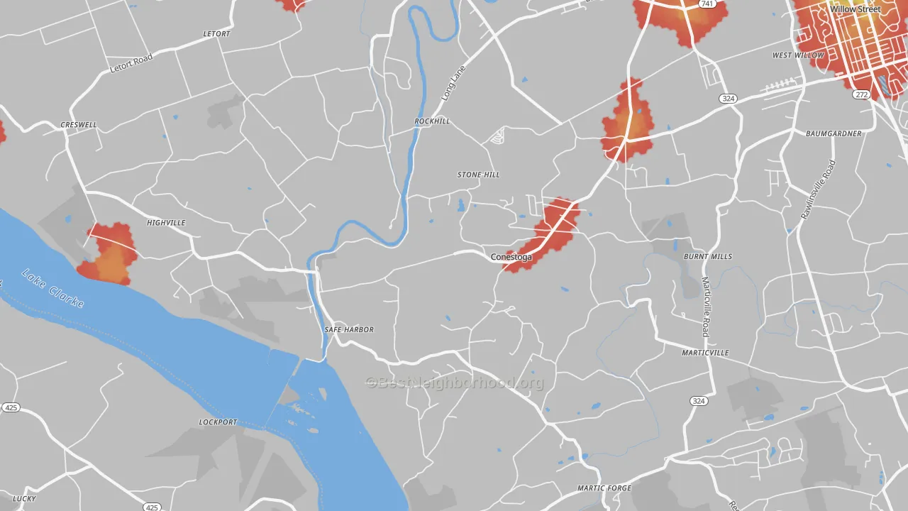 Walk Grade map of 17516, PA, walkable areas in green and car-dependent areas in red