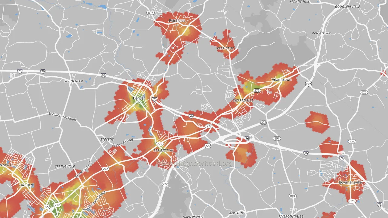 Walk Grade map of 17517, PA, walkable areas in green and car-dependent areas in red