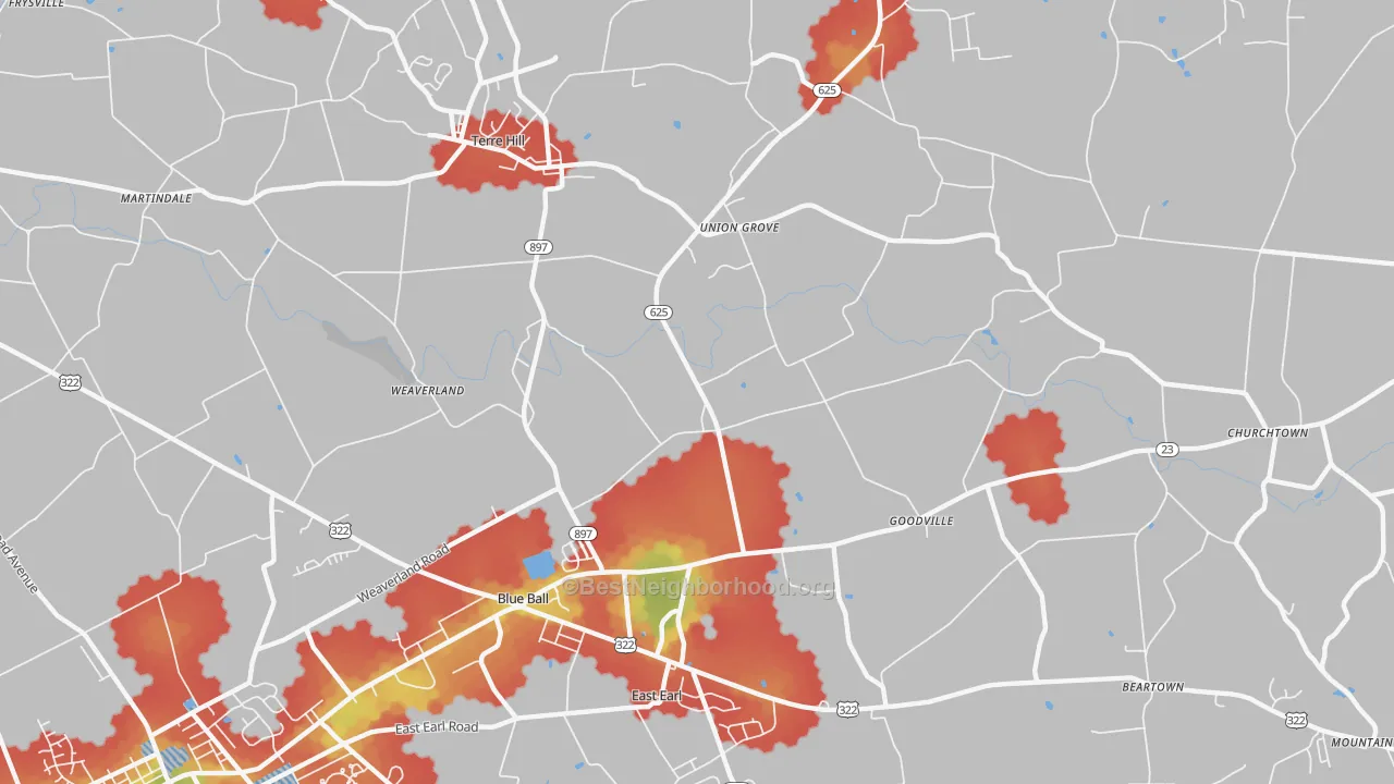 Walk Grade map of 17519, PA, walkable areas in green and car-dependent areas in red