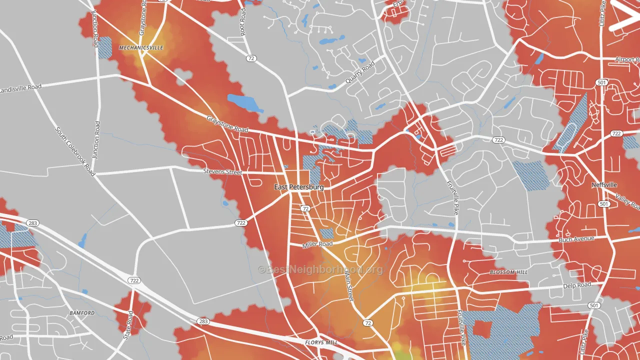 Walk Grade map of 17520, PA, walkable areas in green and car-dependent areas in red