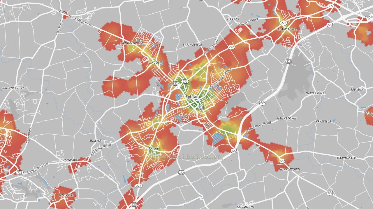 Walk Grade map of 17522, PA, walkable areas in green and car-dependent areas in red