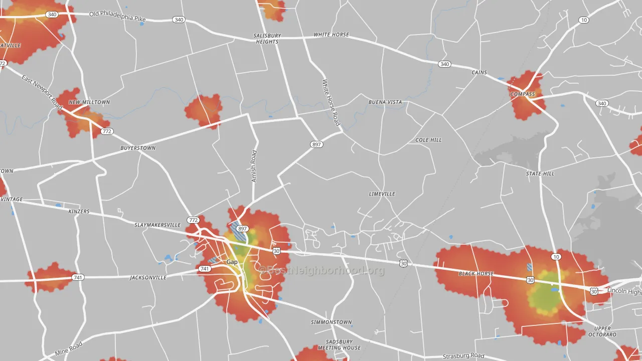 Walk Grade map of 17527, PA, walkable areas in green and car-dependent areas in red