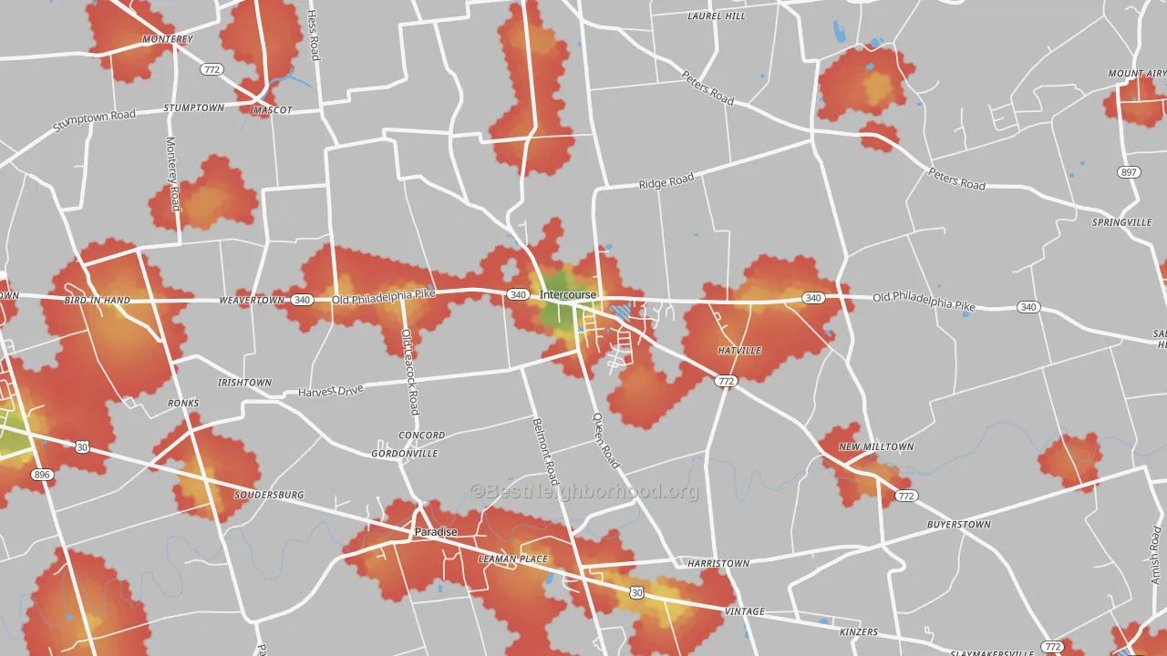 Walk Grade map of 17529, PA, walkable areas in green and car-dependent areas in red