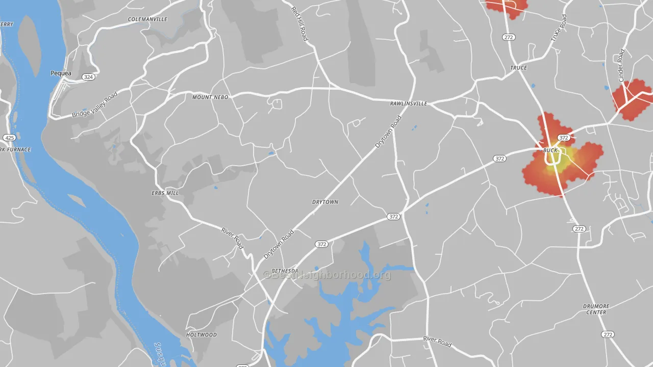 Walk Grade map of 17532, PA, walkable areas in green and car-dependent areas in red