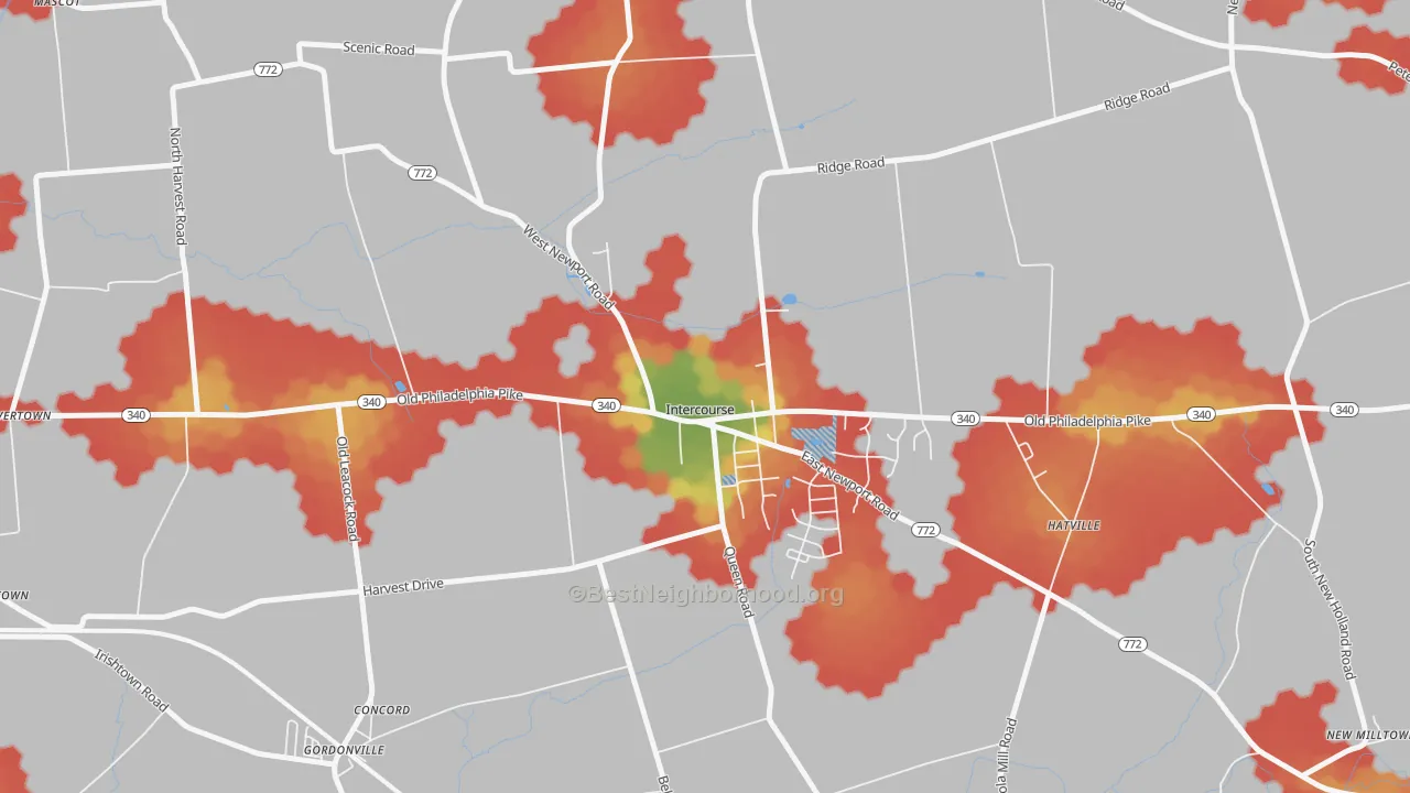 Walk Grade map of 17534, PA, walkable areas in green and car-dependent areas in red