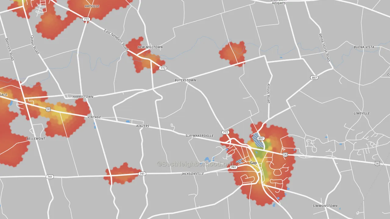 Walk Grade map of 17535, PA, walkable areas in green and car-dependent areas in red