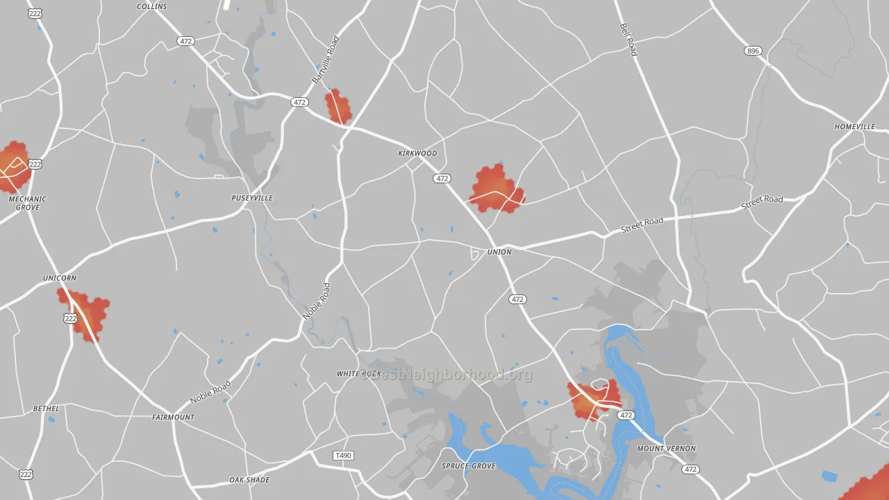 Walk Grade map of 17536, PA, walkable areas in green and car-dependent areas in red