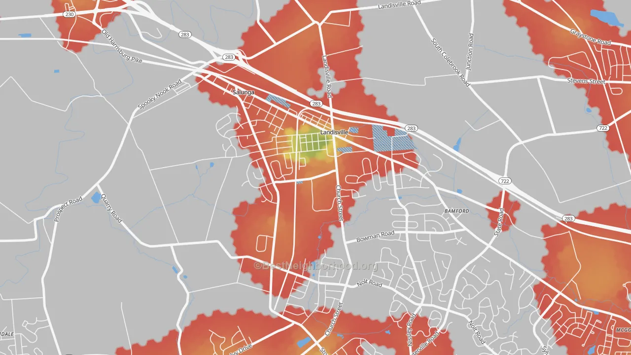 Walk Grade map of 17538, PA, walkable areas in green and car-dependent areas in red