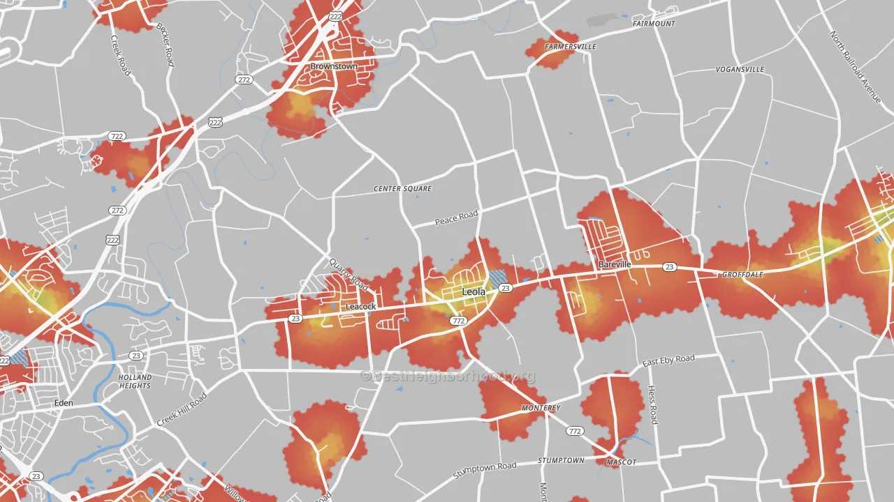 Walk Grade map of 17540, PA, walkable areas in green and car-dependent areas in red
