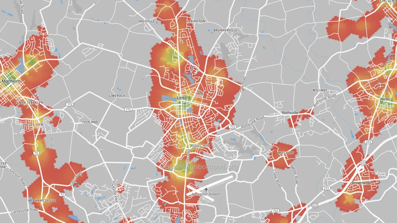 Walk Grade map of 17543, PA, walkable areas in green and car-dependent areas in red