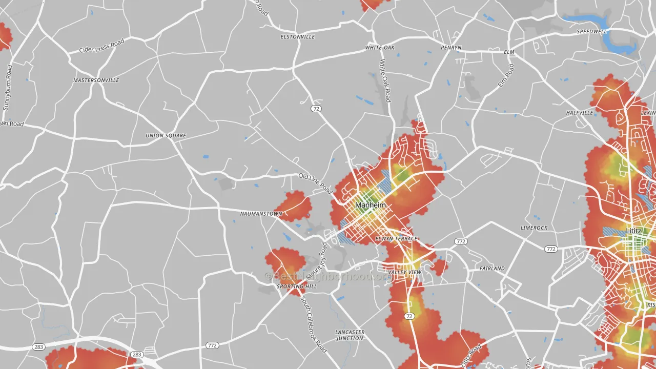 Walk Grade map of 17545, PA, walkable areas in green and car-dependent areas in red