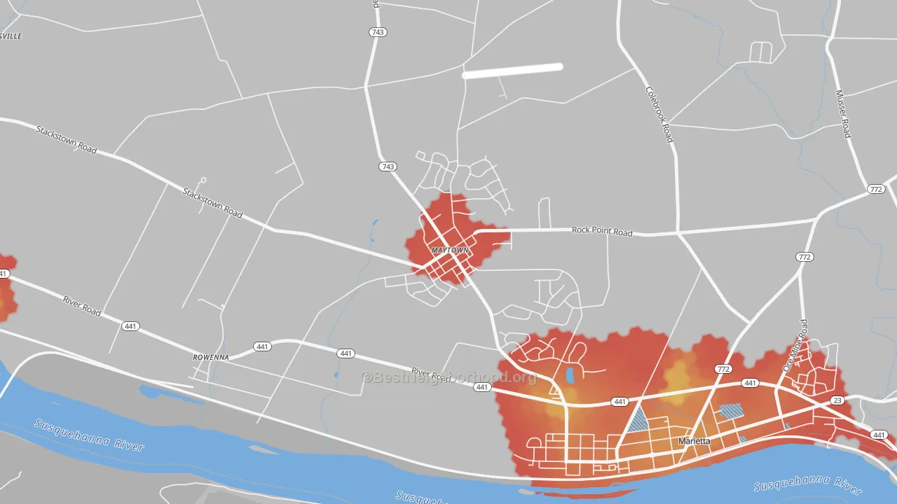 Walk Grade map of 17550, PA, walkable areas in green and car-dependent areas in red