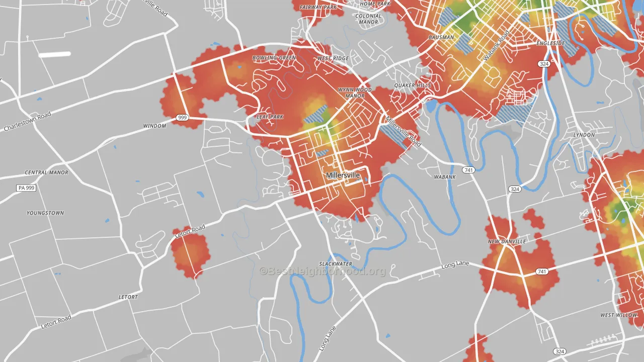 Walk Grade map of 17551, PA, walkable areas in green and car-dependent areas in red