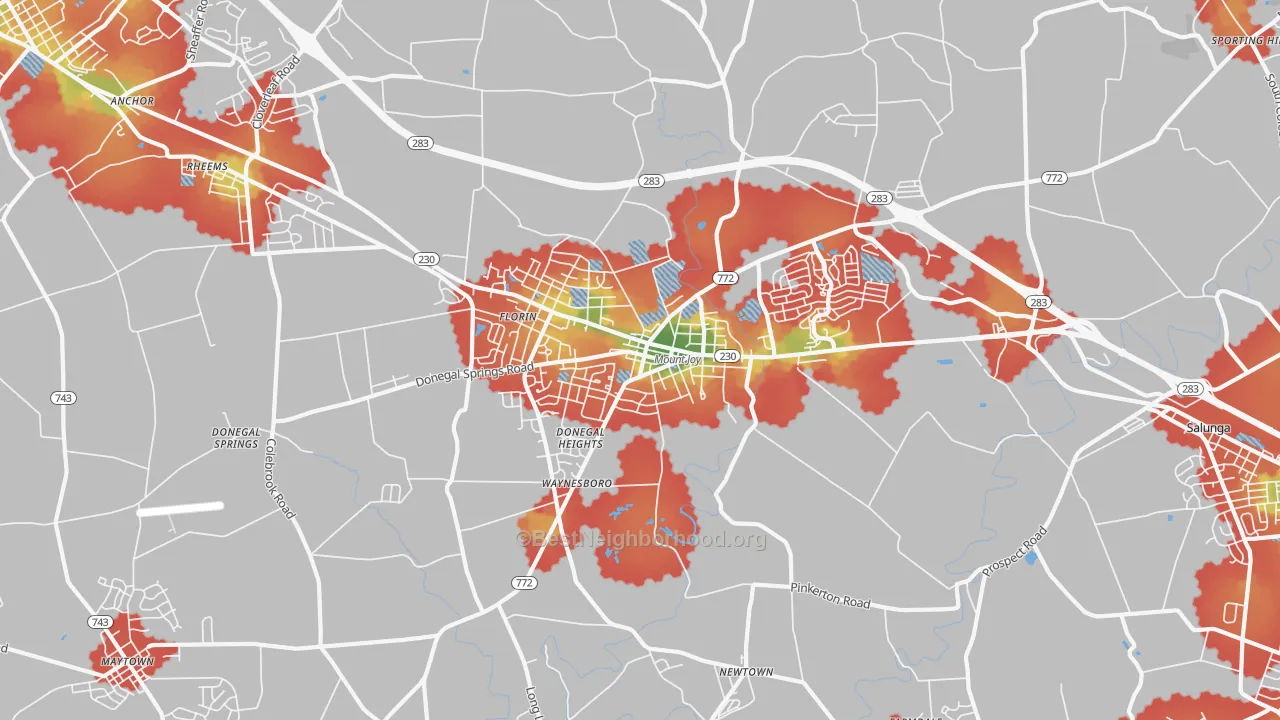 Walk Grade map of 17552, PA, walkable areas in green and car-dependent areas in red