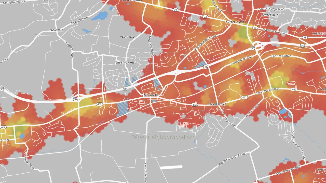 Walk Grade map of 17554, PA, walkable areas in green and car-dependent areas in red