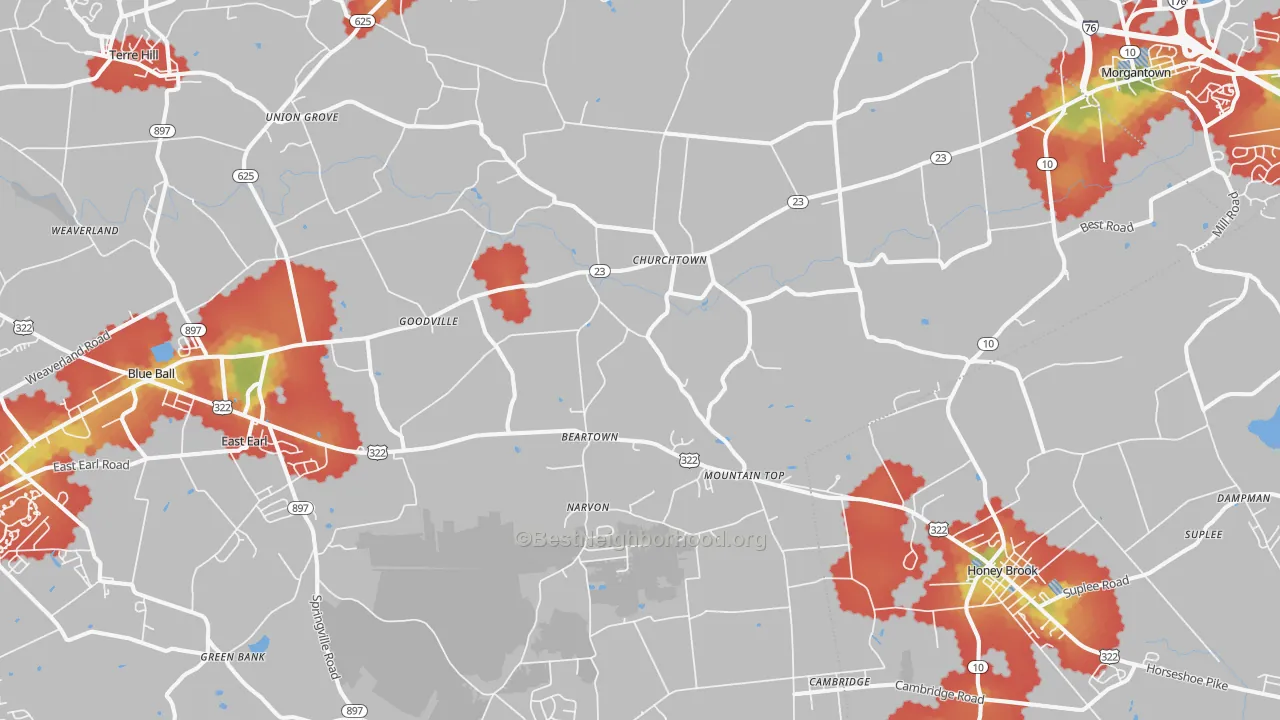 Walk Grade map of 17555, PA, walkable areas in green and car-dependent areas in red