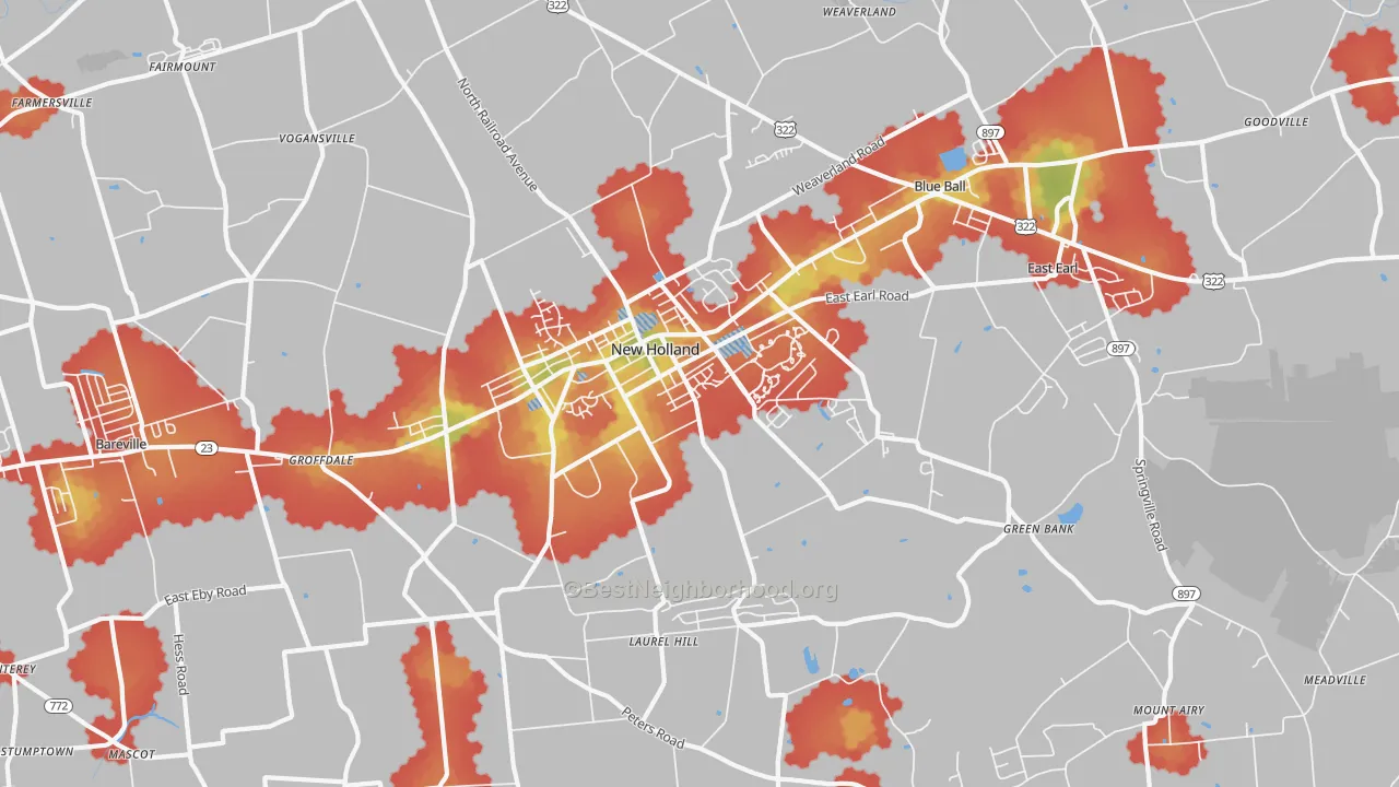 Walk Grade map of 17557, PA, walkable areas in green and car-dependent areas in red