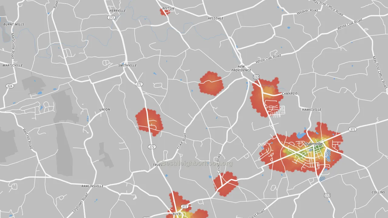 Walk Grade map of 17560, PA, walkable areas in green and car-dependent areas in red