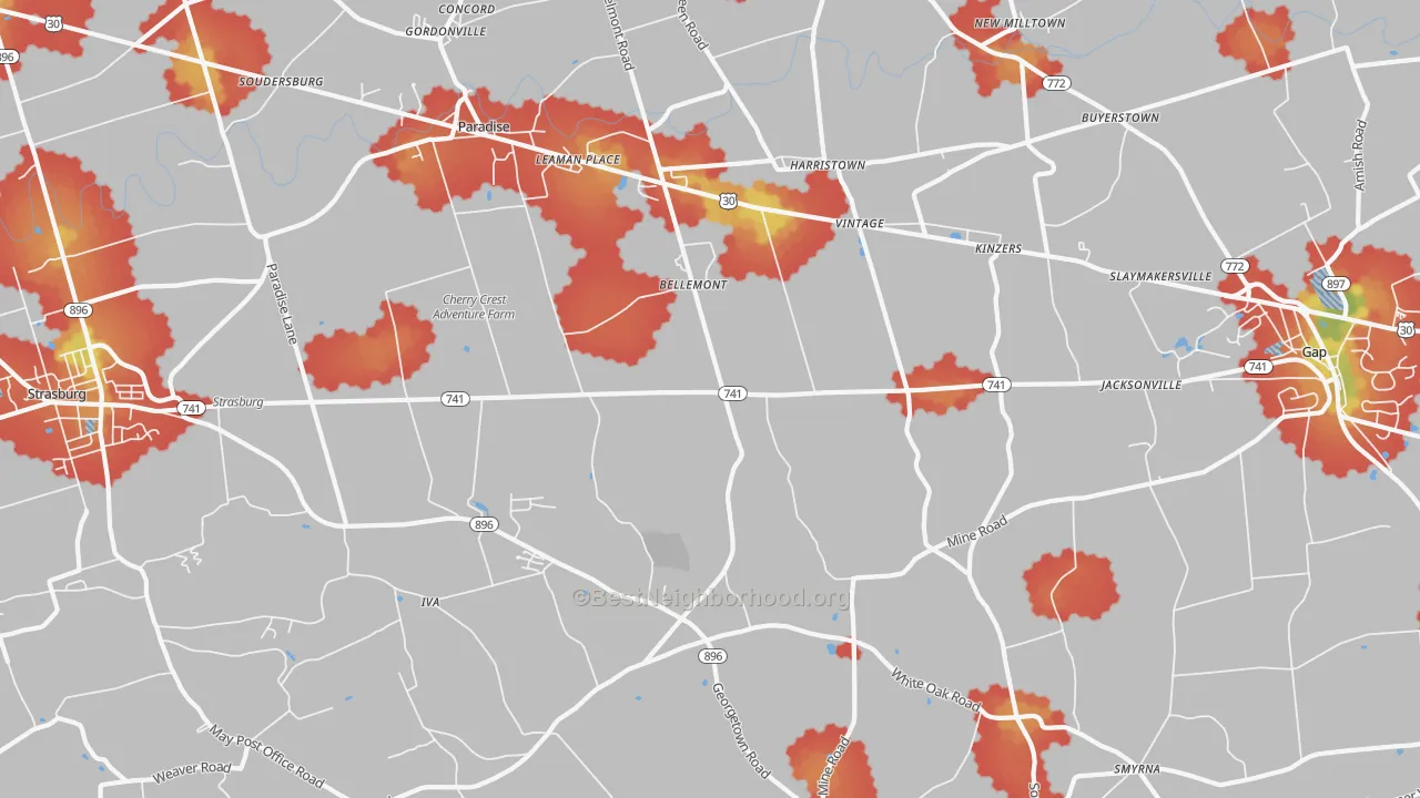 Walk Grade map of 17562, PA, walkable areas in green and car-dependent areas in red