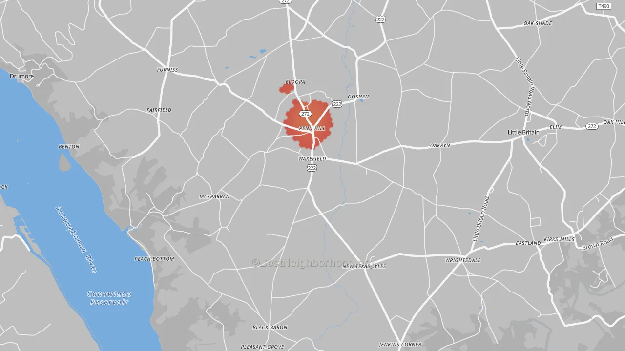 Walk Grade map of 17563, PA, walkable areas in green and car-dependent areas in red