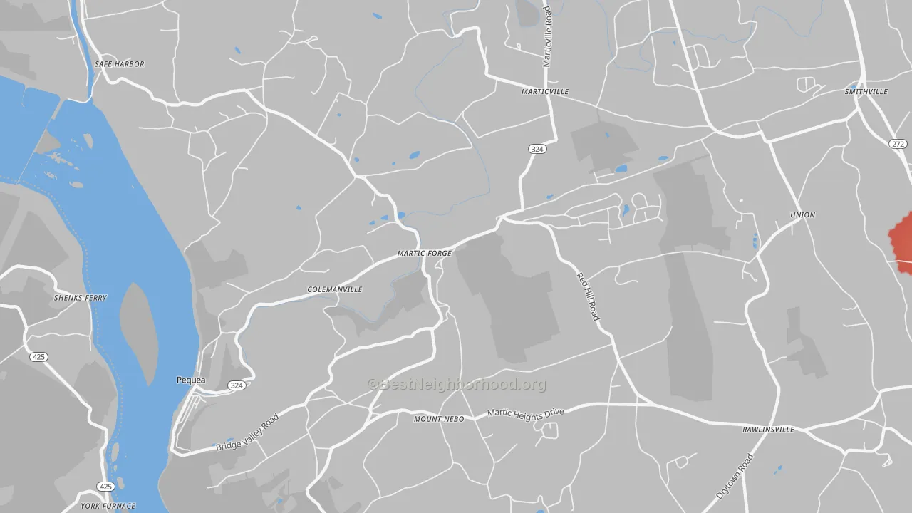 Walk Grade map of 17565, PA, walkable areas in green and car-dependent areas in red