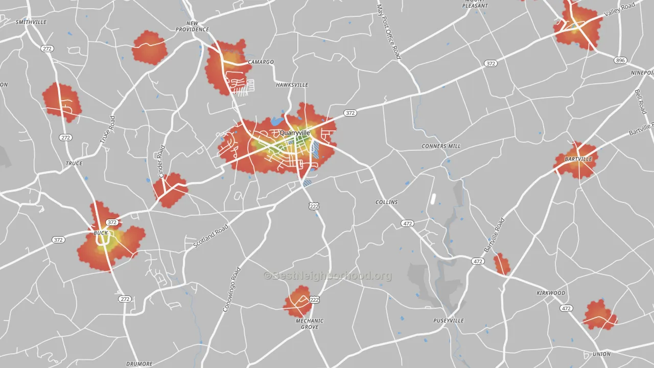 Walk Grade map of 17566, PA, walkable areas in green and car-dependent areas in red