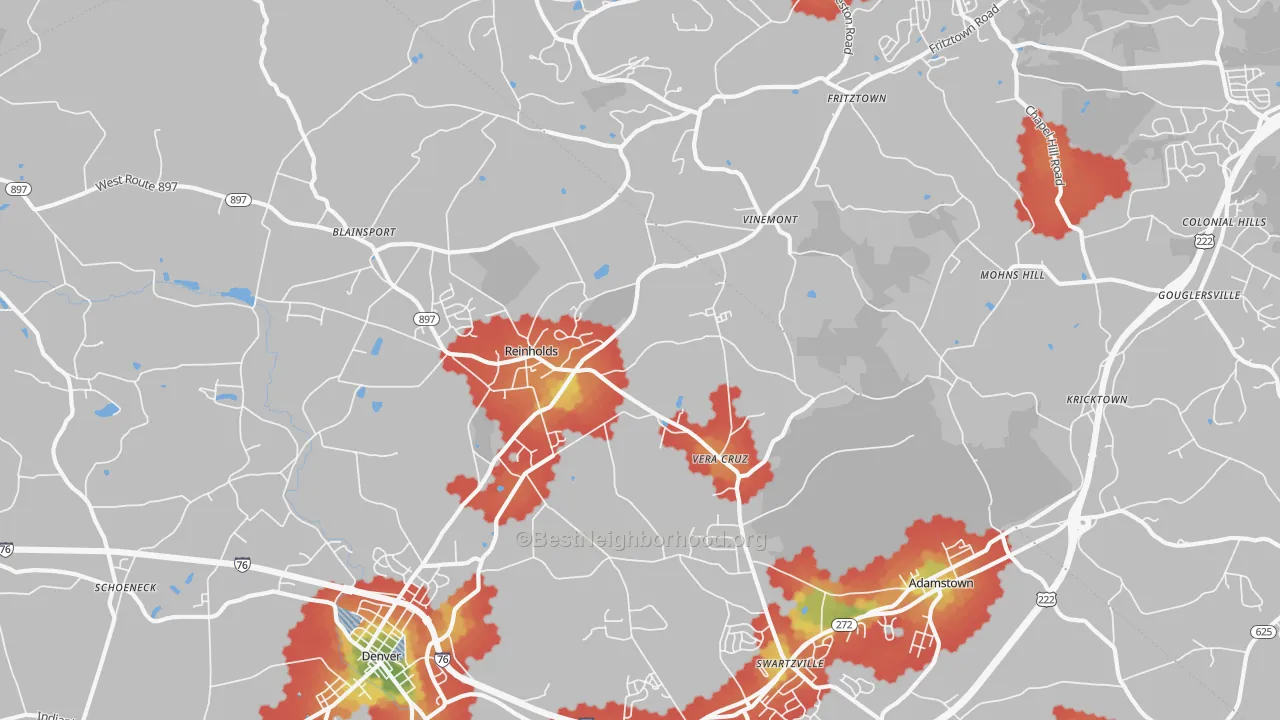 Walk Grade map of 17569, PA, walkable areas in green and car-dependent areas in red