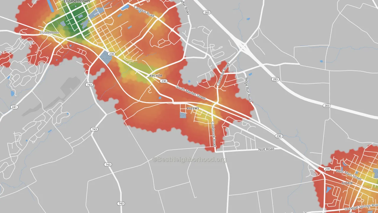 Walk Grade map of 17570, PA, walkable areas in green and car-dependent areas in red