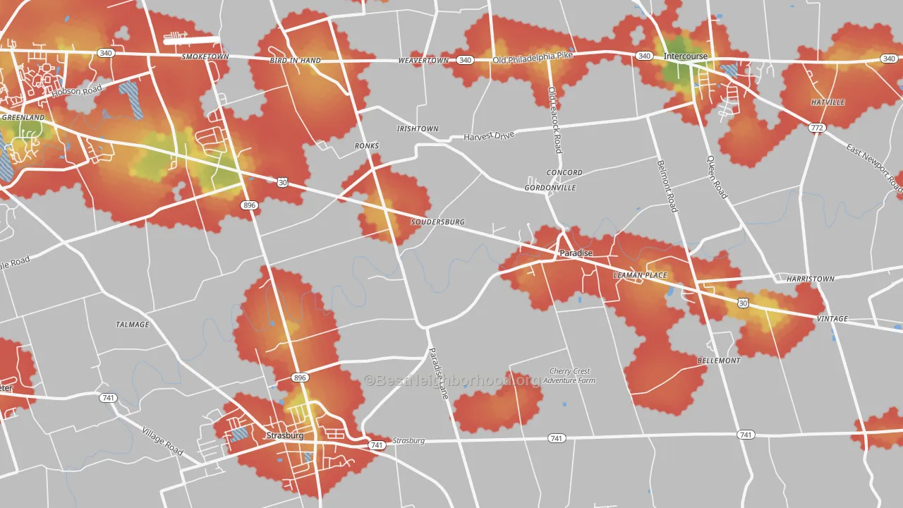 Walk Grade map of 17572, PA, walkable areas in green and car-dependent areas in red